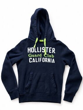 Y2K Hollister Guard Club California Spellout Hoodie Navy Neon Green Size L